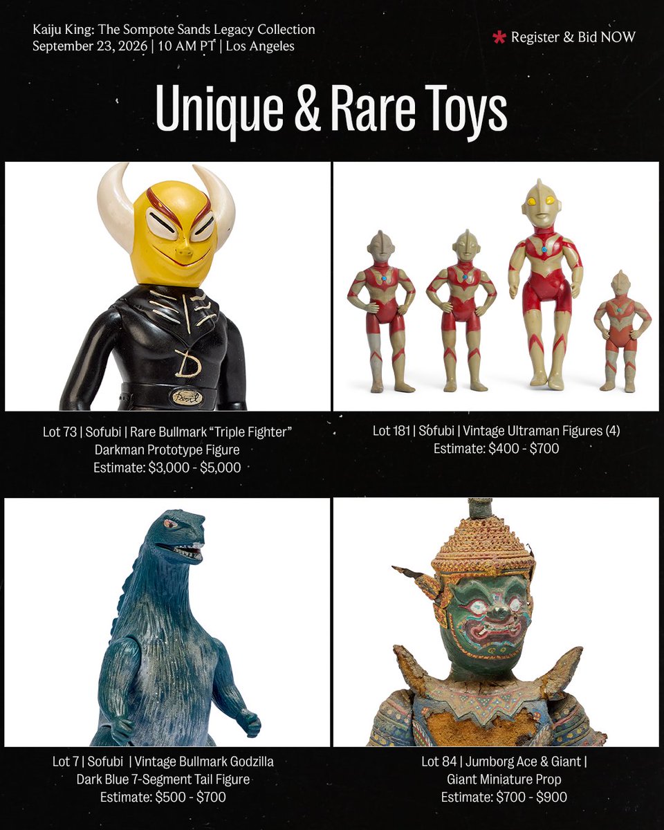 JuliensAuctions's tweet photo. From original production pieces and hand-painted poster art to rare sofubi figures by Bullmark, Bandai, and Banpresto, "The Sompote Sands Legacy Collection" brings together objects that rarely surface. 

Highlights include a three-dimensional Ultraman painting signed by the character’s original designer, an onscreen production mask from a 1974 Tsuburaya Productions co-production, and a monumental vending machine statue that once stood outside a Bangkok theater during the franchise’s arrival in Southeast Asia.

Over 300 pieces from one of tokusatsu's most storied private archives, are now up for auctionfor the first time. 

Join us September 23rd at 10 am PT live and online at Julien's Auctions.

Register & Bid
https://t.co/aUSZMWtEOs

#JuliensAuctions #Kaiju #SompoteSands #Ultraman #Tokusatsu