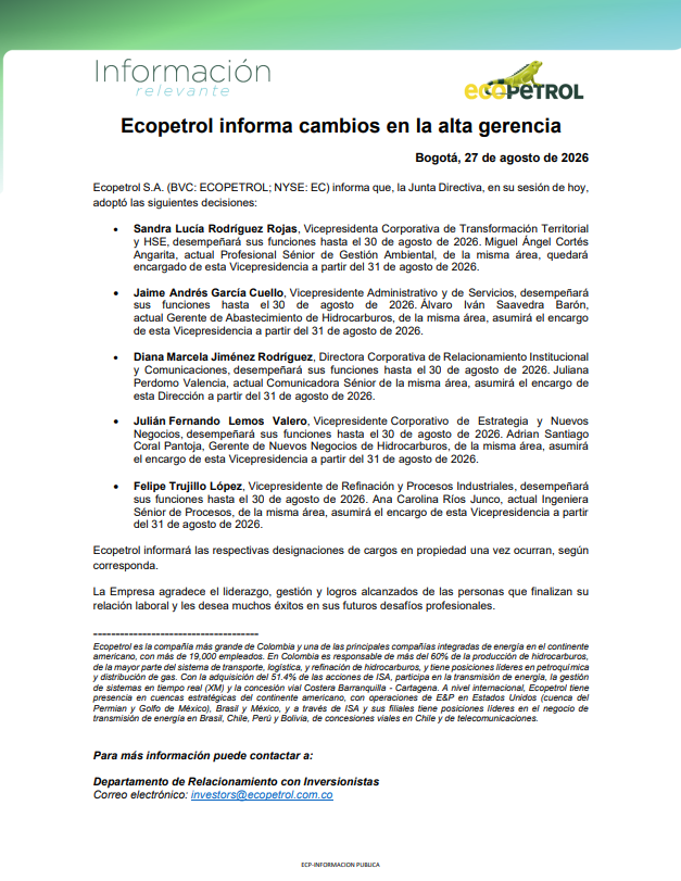 ECOPETROL_SA's tweet photo. #InformaciónRelevante | Ecopetrol informa cambios en la alta gerencia. 
Lee más de la nota aquí👇 https://t.co/tfKvJNuUVZ