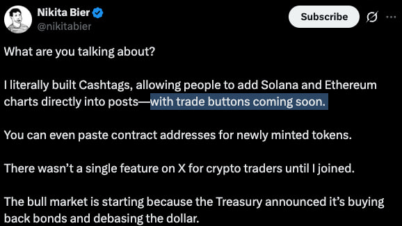EthanMilesBTC's tweet photo. ✖️X to enable trade buttons to BUY and SELL crypto directly from the timeline.

✅Nikita Bier confirms X will soon add native crypto trading buttons, potentially turning every post into a direct gateway to on-platform crypto trading.

500M+ X users will soon be able to trade crypto directly from their timelines.

My take: if X really executes this well, it could be a huge shift for crypto distribution. Right now a post creates attention, then users have to leave the platform, open an exchange and manually place the trade. Native BUY/SELL buttons would remove a lot of that friction.
That means one viral post could potentially turn into instant trading activity inside the same app.
For crypto, that’s not just a new feature — it could change how narratives, liquidity and retail momentum spread across the market.
X is slowly turning from a social network into a financial layer. 👀

#CRYPTONewsTalk