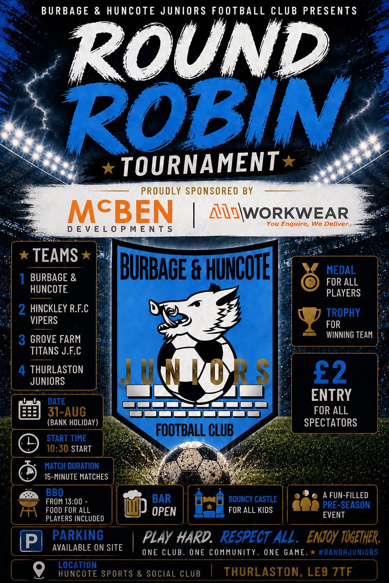 BurbageHunJnrs's tweet photo. ⚽️ B&amp;H Round Robin 🩵
🗓️ Monday 31-Aug

A massive thank you to our sponsors McBen &amp; MiWorkwear, who have generously donated bits to support our tournament!

We’re extremely grateful to have such backing.

#UTBHJ 🩵 https://t.co/olAAf7nHnU