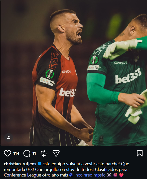 RedImpsCentral's tweet photo. Rutjens on his instagram:

"This team will wear this patch again! What a comeback, 0-3! I am so proud of everyone! Qualified for the Conference League for another year @lincolnredimpsfc ⚔️👹❤️" https://t.co/rD50DOIrkr