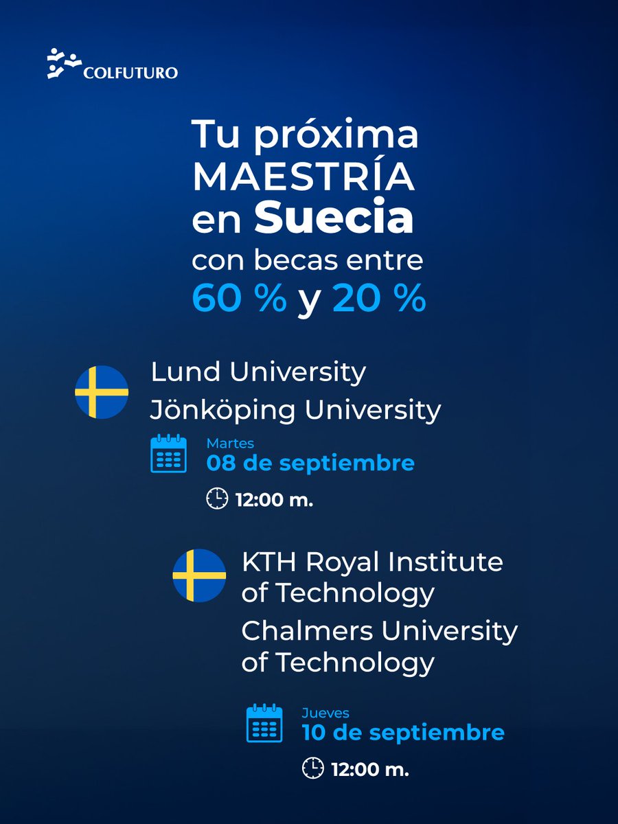 Colfuturo's tweet photo. Septiembre llega con nuevas oportunidades para proyectar tu futuro académico. 🌎🎓

Este mes podrás conectarte con universidades internacionales, conocer opciones de maestrías en áreas como diseño, ingeniería, artes culinarias, gestión hotelera y muchas más. https://t.co/UuJ56pRhBA