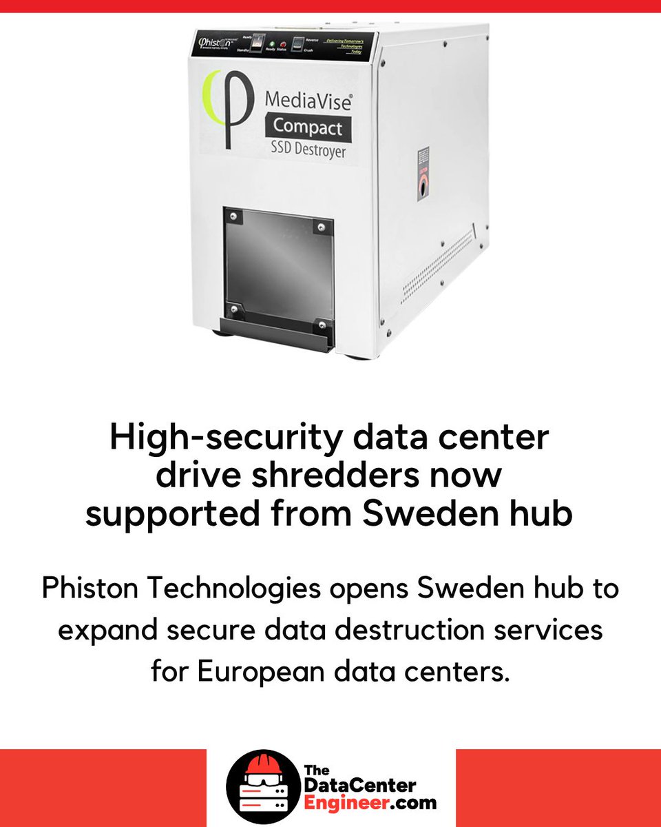 DataCenterEngnr's tweet photo. High-security data center drive shredders now supported from Sweden hub. More here: https://t.co/rgEdoQxRXZ

Phiston Technologies has opened a new operational hub near Stockholm, extending its European presence into Sweden to support high-security data destruction equipment and on-site services for data center customers in the region.

The company says the Stockholm-area location is intended to speed delivery and support for European clients, and to reduce shipping delays and import hurdles that previously slowed equipment and service delivery across Sweden, Scandinavia, and the broader EU. Phiston Technologies says it has shredding and disintegrating equipment deployed in more than 52 countries.
