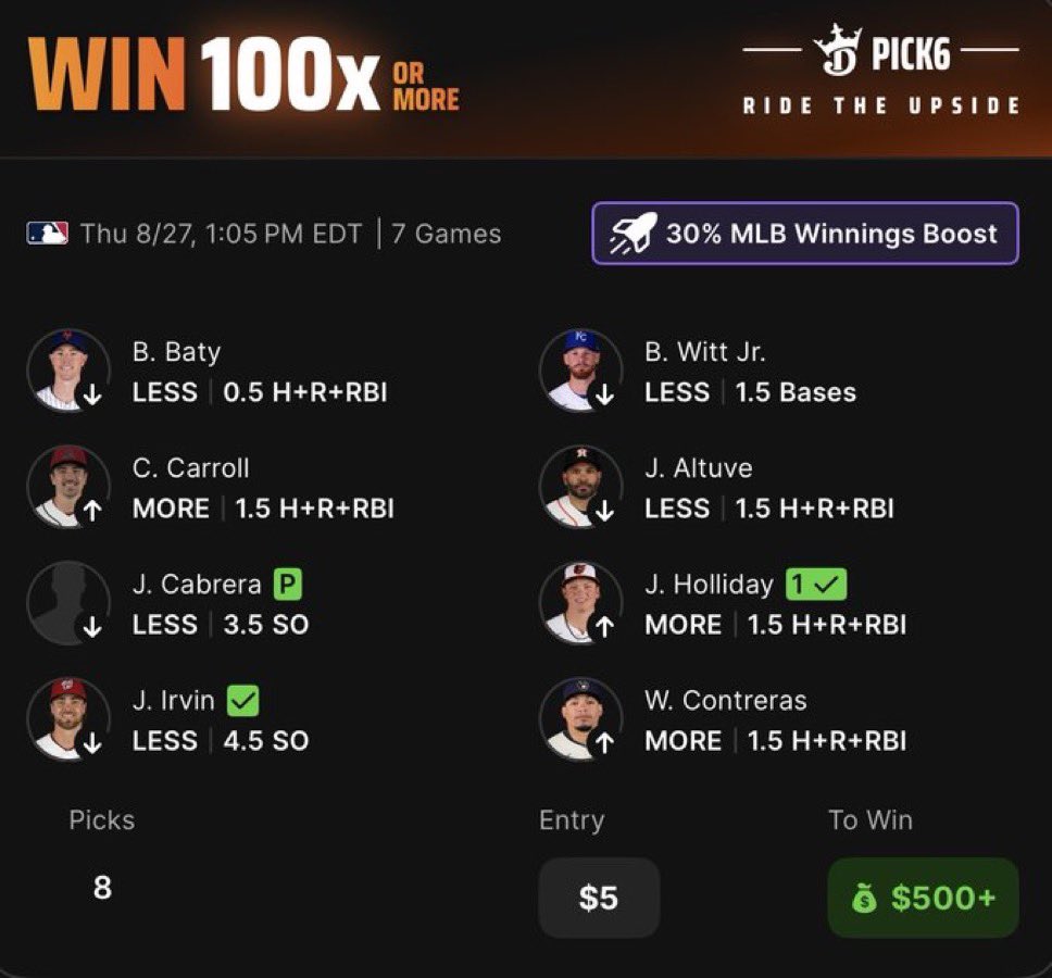 Trupa_Locks's tweet photo. DraftKings Pick6 MLB boost slip locked in 🔒
8-leg, $5 to win $500+

Breakdown below 👇 https://t.co/ok7VCdVCBQ