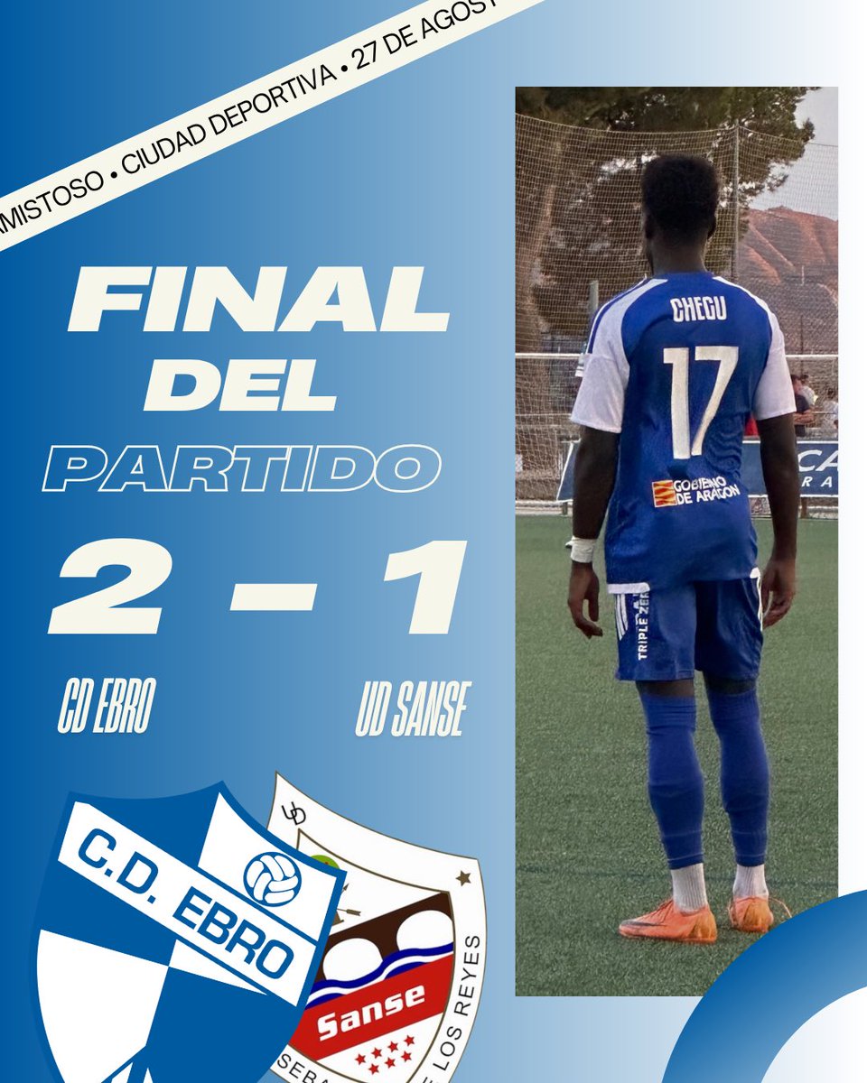 CD_Ebro's tweet photo. 🔵⚪️ FINAL DEL PARTIDO

CD EBRO 2-1 UD SANSE

Terminamos con victoria importante en
el penúltimo amistoso de pretemporada!

⚽️ 23’ Muñoz ( 1-0 )
⚽️ 63’ Garci ( 1-1 )
⚽️ 82’ Chegu ( 2-1 )

Seguimos preparando el inicio de liga. 💪

#VamosEbro https://t.co/pzmt30ZfuC