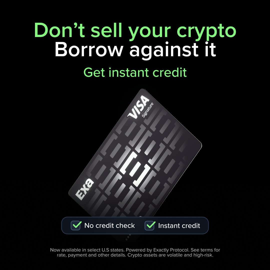 UpholdInc's tweet photo. Texas, the Exa Credit Card has arrived 🤠

Turn your stack into real-world spending power without giving up your market exposure 💳

◾ Access instant credit with XRP, BTC, ETH, USDC
◾ Accepted at 150M Visa merchants
◾ Flexible payment plans 

Explore the Exa Credit Card, powered by @ExactlyProtocol in the Uphold App 📲

Available in select U.S. states. Powered by Exactly Protocol. See terms for rate, payment, and other details. Crypto assets are volatile and high-risk.