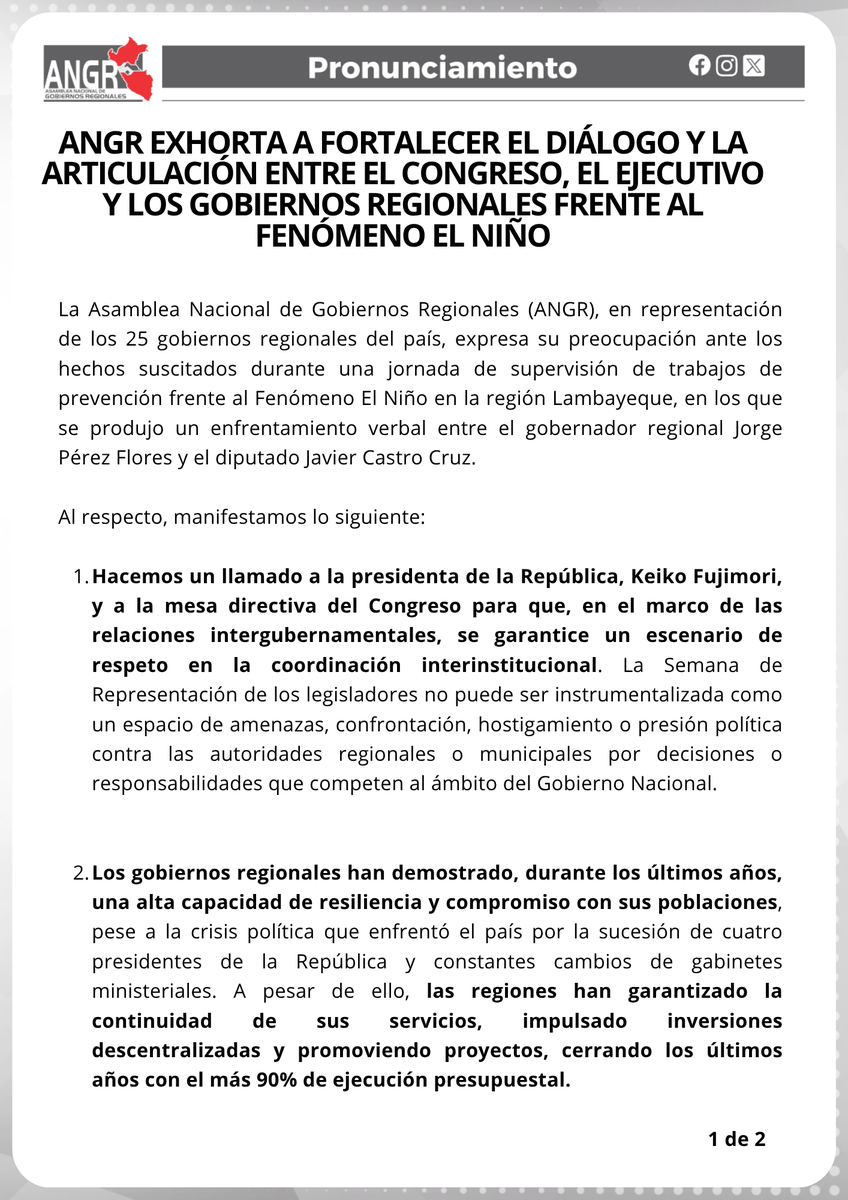 ANGR_Oficial's tweet photo. #Pronunciamiento 𝐀𝐍𝐆𝐑 𝐄𝐗𝐇𝐎𝐑𝐓𝐀 𝐀 𝐅𝐎𝐑𝐓𝐀𝐋𝐄𝐂𝐄𝐑 𝐄𝐋 𝐃𝐈𝐀́𝐋𝐎𝐆𝐎 𝐘 𝐋𝐀 𝐀𝐑𝐓𝐈𝐂𝐔𝐋𝐀𝐂𝐈𝐎𝐍 𝐄𝐍𝐓𝐑𝐄 𝐄𝐋 𝐂𝐎𝐍𝐆𝐑𝐄𝐒𝐎, 𝐄𝐋 𝐄𝐉𝐄𝐂𝐔𝐓𝐈𝐕𝐎 𝐘 𝐋𝐎𝐒 𝐆𝐎𝐁𝐈𝐄𝐑𝐍𝐎𝐒 𝐑𝐄𝐆𝐈𝐎𝐍𝐀𝐋𝐄𝐒 𝐅𝐑𝐄𝐍𝐓𝐄 𝐀𝐋 𝐅𝐄𝐍𝐎́𝐌𝐄𝐍𝐎 𝐄𝐋 𝐍𝐈𝐍̃𝐎 https://t.co/u0OCSCUVwp