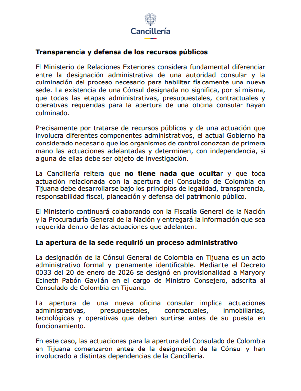 CancilleriaCol's tweet photo. Cancillería aclara actuaciones relacionadas con la apertura y puesta en funcionamiento del Consulado de Colombia en Tijuana. 

https://t.co/l7TXLlKxp6 https://t.co/PzlqVozLWi
