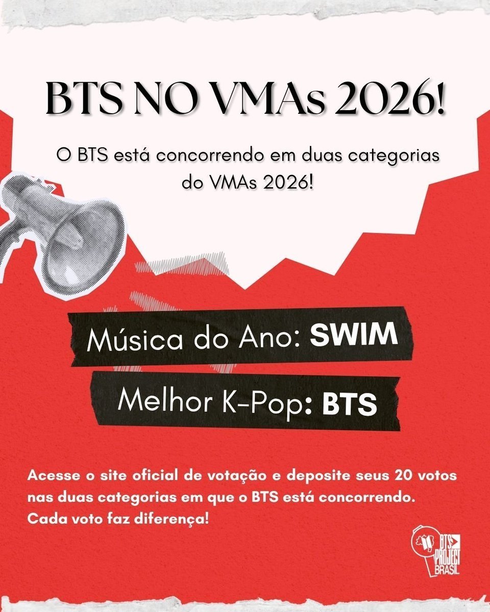 BTSProjectBR's tweet photo. 🚨💜 ARMYs, ATENÇÃO! 

O BTS está concorrendo em DUAS categorias no VMAs 2026! 

🎶 Música do Ano: SWIM
🇰🇷 Melhor K-Pop: BTS

🔗 VOTE: https://t.co/gNkHXkKk9U

🗳️ Acesse o site de votação e deposite seus 20 votos em CADA uma das duas categorias!

📩 USE O MÁXIMO DE CONTAS

🛑 É POSSÍVEL VOTAR APENAS NAS CATEGORIAS QUE ELES CONCORREM!!

#BTS #VMAs2026 #BTSVMAs #BTSARIRANG #SWIM