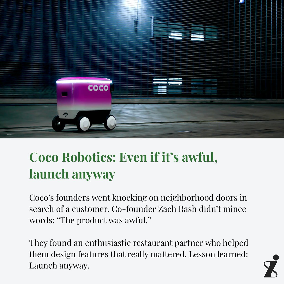 RunInfiniteLoop's tweet photo. The first product @CocoRobotics built was awful, but they launched anyway. @Avrideai’s robot ran obstacle courses for Uber Eats to get everything right before deploying. Both teams share lessons learned in The Infinite Loop’s latest First Customer story by @BerryWrites. https://t.co/OgByo0Jp5Q