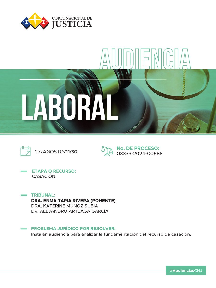 CorteNacional's tweet photo. 🟢#SalaLaboralCNJ | Analiza la fundamentación del recurso de casación.
#AudienciasCNJ
💻 Sigue la audiencia aquí https://t.co/RAOGi5Dkap https://t.co/V8l17mWwAq