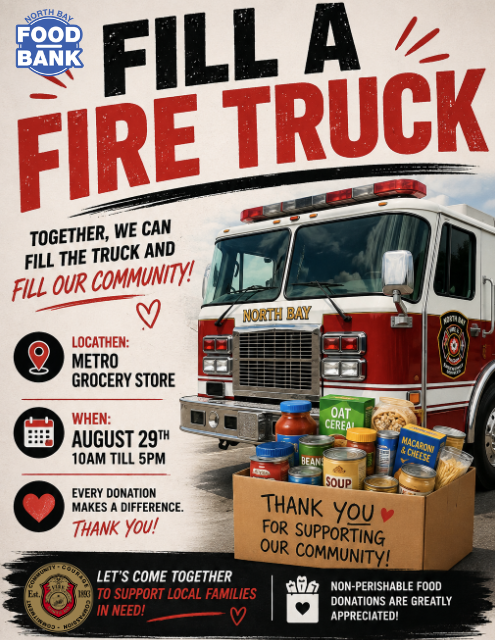 NBFES's tweet photo. Come see us this Saturday Aug 29th from 10am-5pm at Metro!

The North Bay Fire &amp; Emergency Services and the North Bay Food Bank are teaming up to Fill a Fire Truck with non-perishable food items. https://t.co/BXPA5G6Zw1
