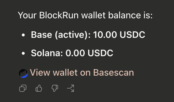 yannisbuilds's tweet photo. My @BlockRunAI wallet is set up.

Next I’m connecting it to a Codex automation and trying:

• Exa: web search
• Modal: runs code in a sandbox
• ElevenLabs: text to speech
• Phone & Voice: outbound AI calls

Setup was quick. I’m excited to test BlockRun in a real Codex automation.