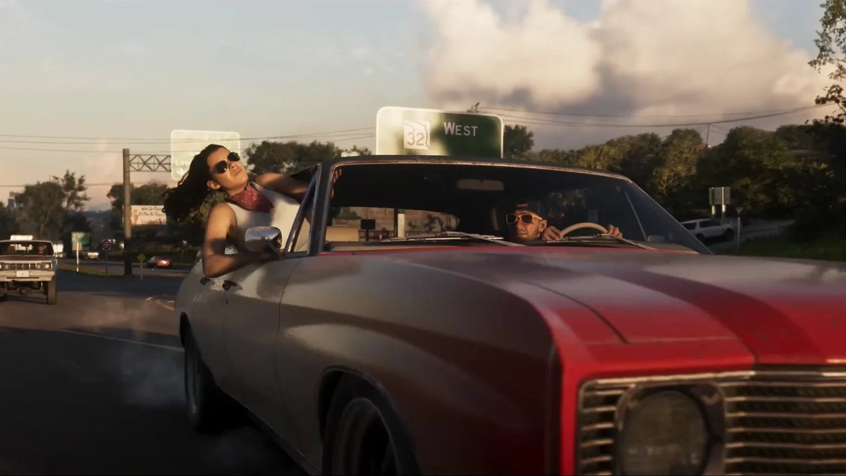 Jason and Lucia driving a red car in GTA 6