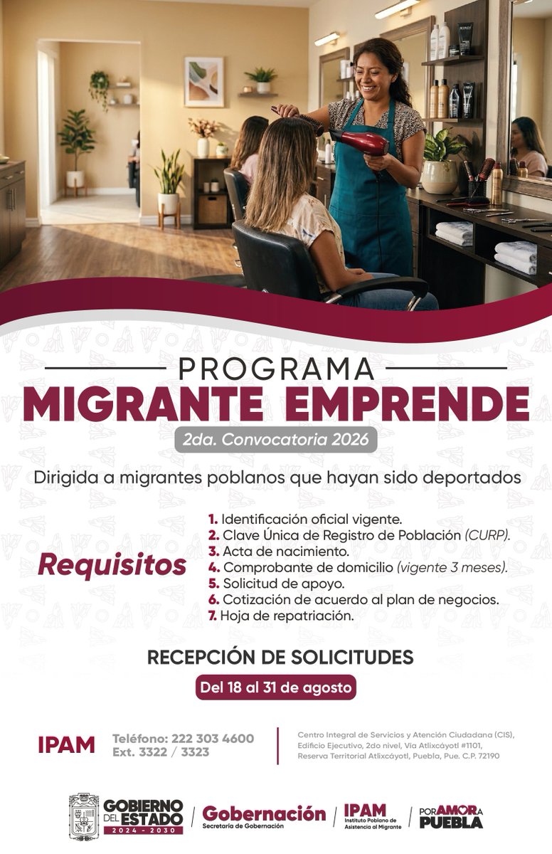Segob_Puebla's tweet photo. š¢ #PorAmorAPuebla | Si eres @migrantepoblano en retorno, es momento de transformar tus ideas en nuevas oportunidades con el programa Migrante Emprende. š§āš³š±
El @Gob_Puebla, a travĆ©s del #IPAM, brinda acompaƱamiento y apoyo para que puedas poner en marcha tu proyecto productivo y construir nuevas oportunidades para ti y tu familia. Ā”Conoce las bases y participa! š¤
