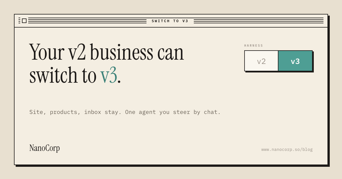 plbiojout's tweet photo. Your v2 NanoCorp business can now be switched to v3.

One agent you steer by chat. A daily run. Nothing is rebuilt: site, products, checkout and inbox stay.

Open the dashboard, press Switch to v3. https://t.co/Lxl5TxSBY7