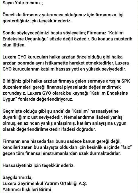 itfo_'s tweet photo. Sevgili @SerezBorsa hocam,

Bu bilgi yanlış 🙏

#LXGYO bildiğim ve yönetim kurulunu tanıdığım bir şirket. Şirket katılım endeksi konusunda açık ve net bir şekilde son derece hassas.

Bahse konu gelirlerin tamamı, bilançoda da görüleceği üzere "Katılım Endeksine uygun fonlarda değerlendiriyor".

LXGYO arındırmasız ve hassas bir şirket olarak #KatılımEndeksi'mizin yeni gözbebeklerinden biridir. 

Bu konu ile ilgili şirketin açıklamasını sağolsun Onur kardeşim iletti, onuda burada yatırımcıları ile paylaşmak isterim.

Konunun hassasiyetine binaen açıklama yapmam gerekti. Saygılar hocam.