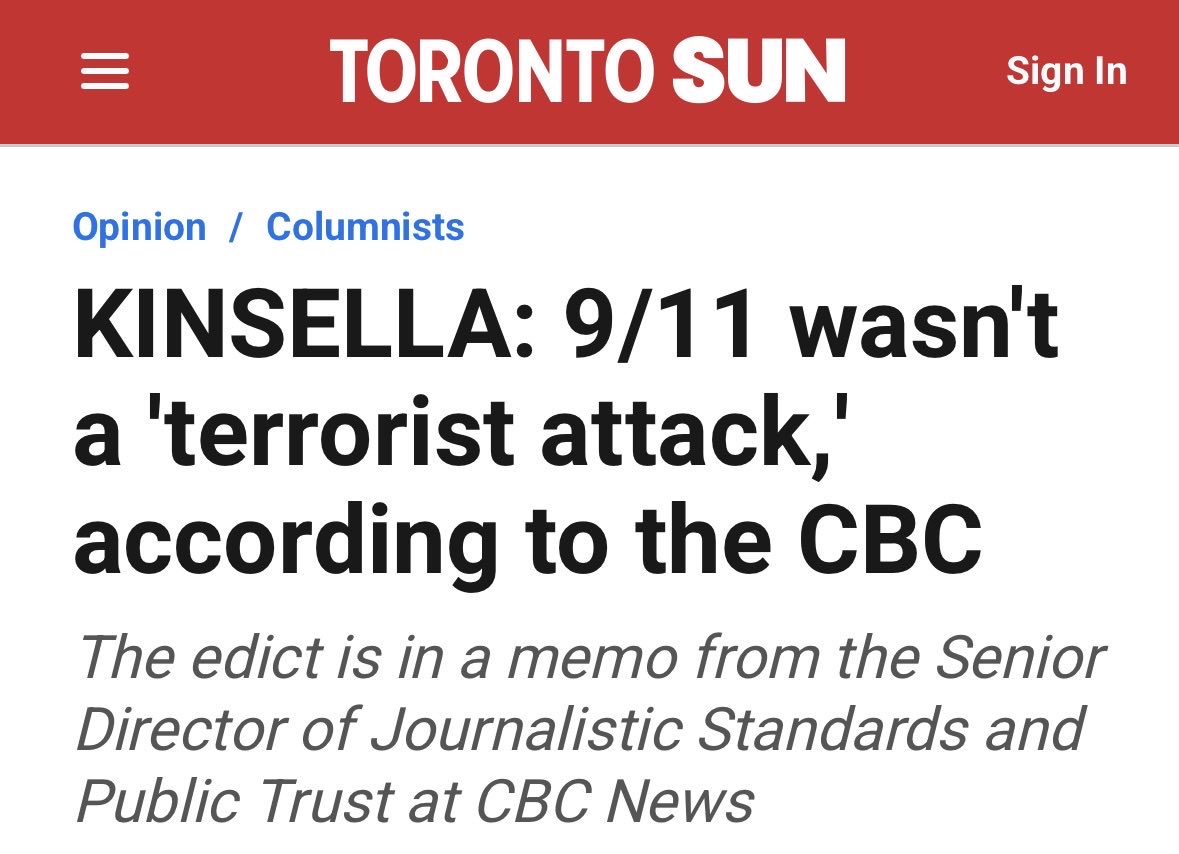 MichaelCooperMP's tweet photo. OUTRAGEOUS
 
CBC tries to WHITEWASH history claiming 9/11 was not a “terrorist attack”.
 
According to CBC, “The hijackings led to passenger jet crashes.”
 
This is SICK. VILE. ORWELLIAN.
 
TERRORISTS killed 3000 innocent people, including 24 Canadians.
 
DEFUND THE CBC https://t.co/5epa9uVS5m