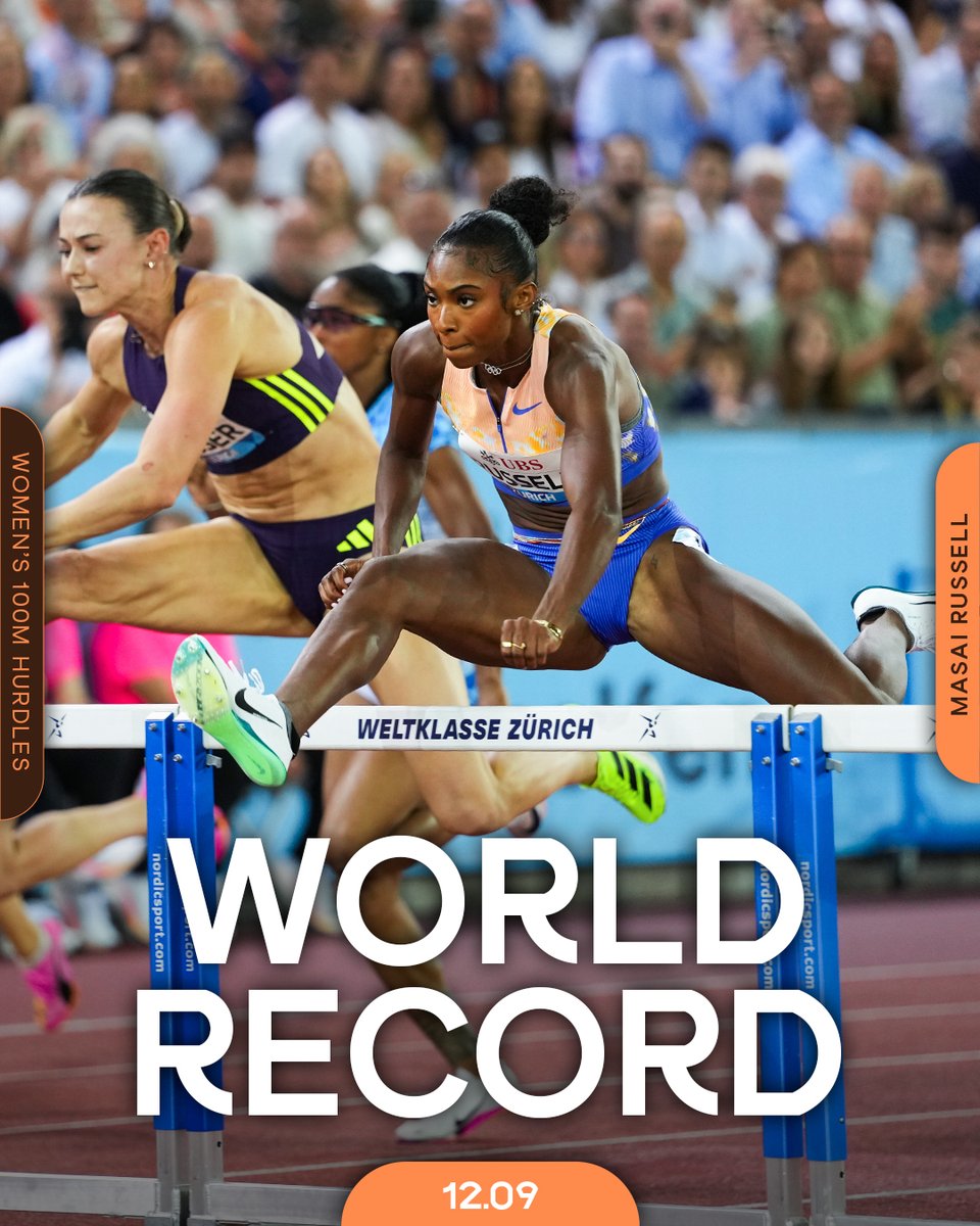 WorldAthletics's tweet photo. IT WAS ALWAYS MEANT TO BE ‼️

Masai Russell breaks the highly anticipated 100m hurdles world record, becoming the first woman ever under the .10 barrier and clocking 12.09 🤩

#DiamondLeague https://t.co/3j4VWjbamg