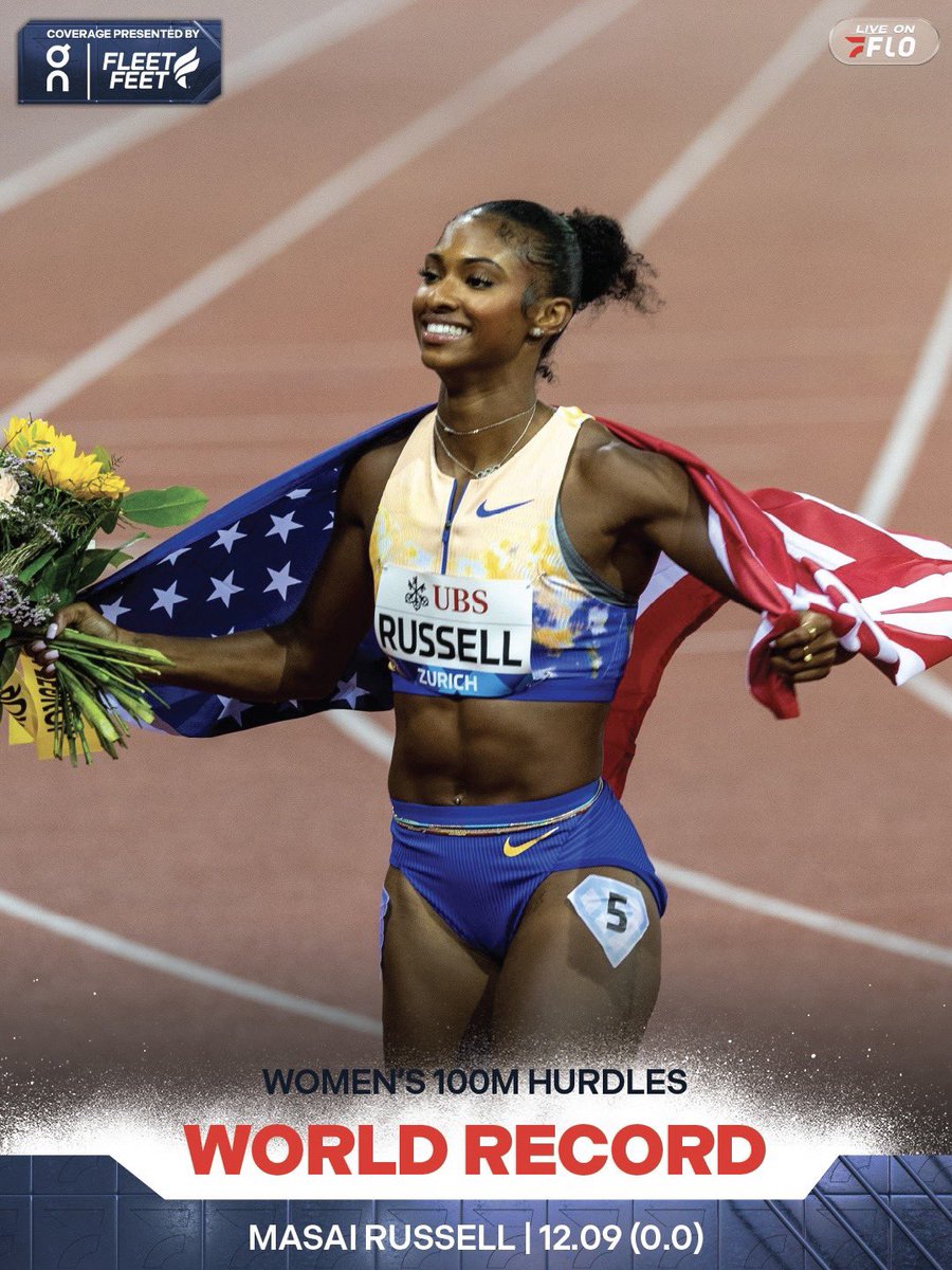 FloTrack's tweet photo. OH MY. MASAI RUSSELL. WORLD RECORD HOLDER.

After a perfect, undefeated season in the 100m Hurdles, Masai Russell puts together the race of a lifetime in Zurich, clocking a WORLD RECORD 12.09 (0.0).

Russell has owned the 100m Hurdles all season long, and now she has officially established herself as the fastest 100m hurdler in history.

📺 U.S. audiences can watch the Zurich Diamond League LIVE on FloTrack.

FloTrack’s #DiamondLeague and #ZurichDL coverage presented by @on_running and @FleetFeetSports 

📸 @daniellealakija