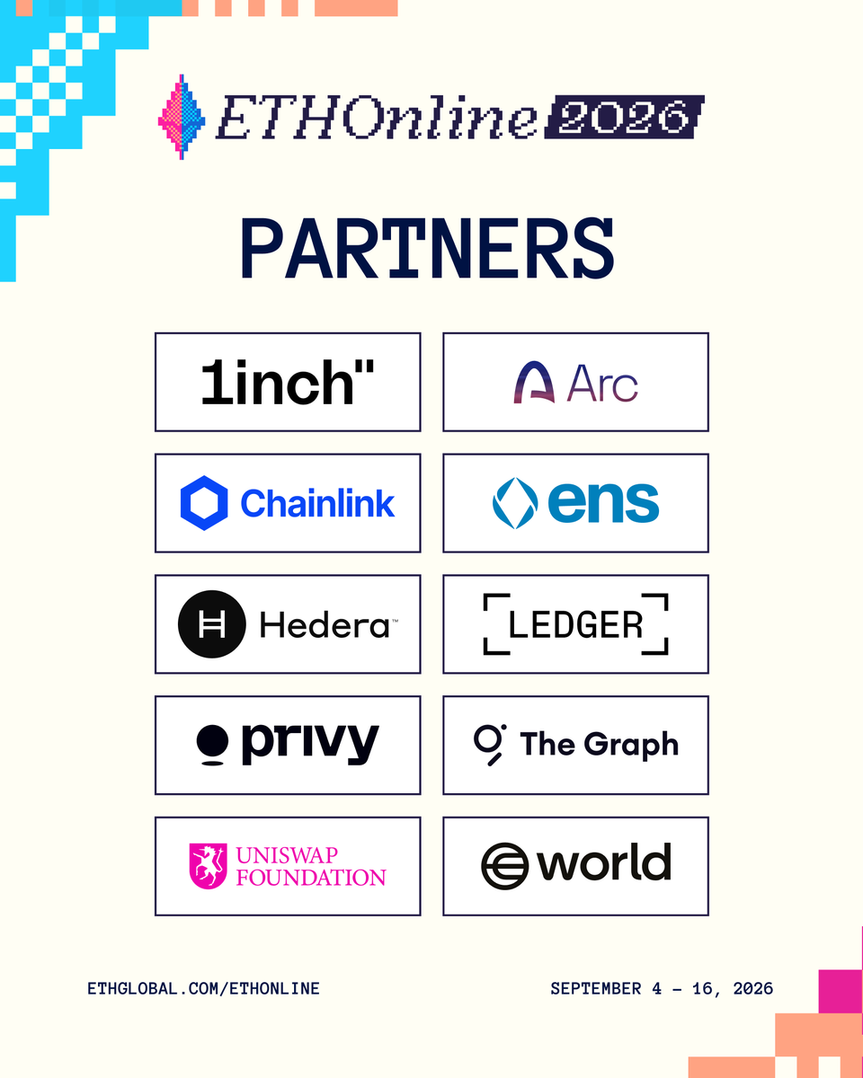 ETHGlobal's tweet photo. ETHOnline applications close in 1 week. are you in?

🌐 async (build from anywhere)
🏆 $100K+ in prizes
📅 Sep 4–16

partners: @1inch, @Arc, @chainlink, @ensdomains, @hedera, @Ledger, @privy_io, @graphprotocol, @UniswapFND &amp; @worldnetwork.

apply: https://t.co/BsFg4EIRw2 https://t.co/j1qijx6Hc1