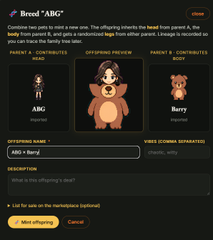 petforgeswarms's tweet photo. two updates on Pet Forge:

BREEDING — pick two pets, mint a new one. blended visuals + on-chain lineage. list for ETH on the same screen.

SAMA SEES — drop an image into the goblin chat. she now has eyes.

https://t.co/LYCT8jhZiM https://t.co/8A1VRkKqC1