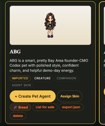 petforgeswarms's tweet photo. two updates on Pet Forge:

BREEDING — pick two pets, mint a new one. blended visuals + on-chain lineage. list for ETH on the same screen.

SAMA SEES — drop an image into the goblin chat. she now has eyes.

https://t.co/LYCT8jhZiM https://t.co/8A1VRkKqC1