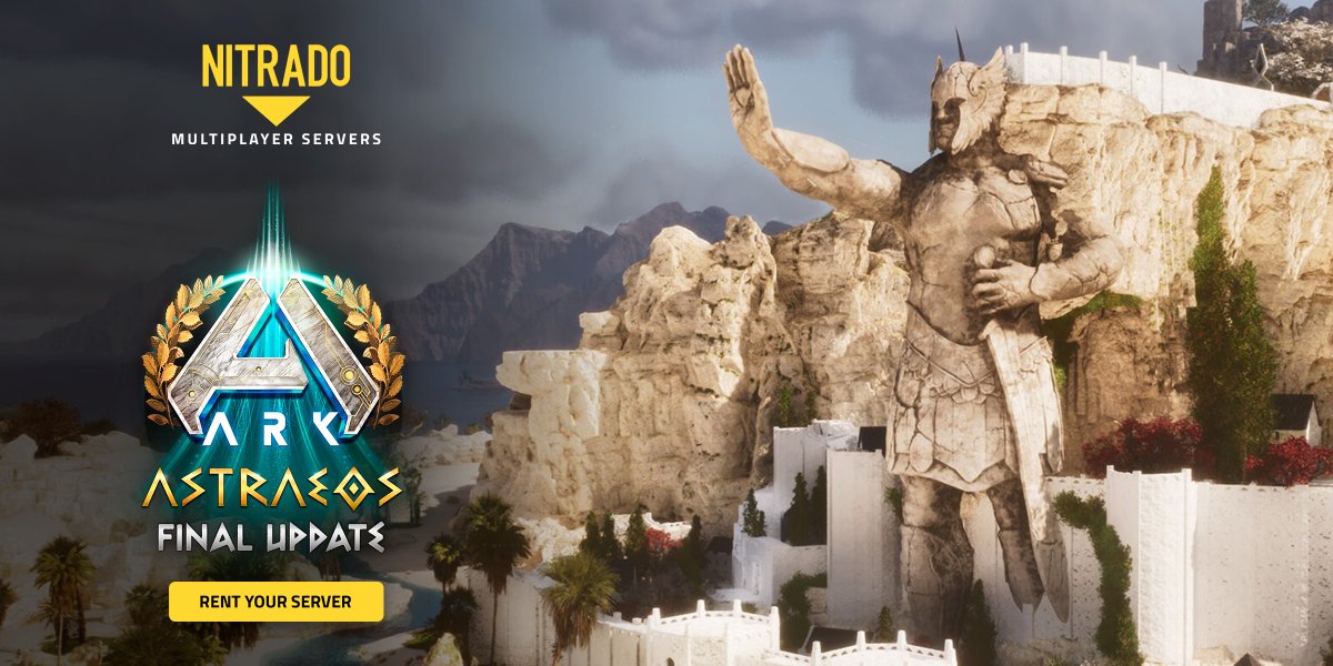 Nitrado_EN's tweet photo. 🔱 Astraeos 1.0: Heaven and the Abyss is LIVE! 🔱

Astraeos reaches its grand finale, sending you from sky-high peaks all the way down to the crushing dark of the deep. ⚔️

🏔️ Helianthos: a sun-soaked highland of soaring ridgelines and blooming meadows, with whole islands drifting in the sky overhead.
🌊 Abyssanthos: a mist-cloaked deep where colossal air pockets cradle a lost underwater city, opening brand-new ground to build on far below the surface.
⛵ The Trireme: rolling wave physics and fresh weather churn the once-calm seas into a shifting battleground, made for the new ancient Trireme warship.
🐗 The Boaratos: a hulking, hot-tempered fire-boar you will only ever find roaming Astraeos.
🐙 New Threats: clash with the merciless Kraken across two Ascension showdowns above and below the surface, then test yourself against the towering Colossus and savage Kroaratos.
🏆 New Apex Rewards: chase the powerful new Astral Souls drop plus a divine haul, from the Agamemnon Helmet and Boaratos Spartan Saddle to the Divine Sword, Spear, and Shield.

This is where the Astraeos story ends, so gear up, set sail, and go out like a legend!

🔗 Get your own ARK: Survival Ascended Server:
https://t.co/OTGBTppYyE

#ARK #Astraeos