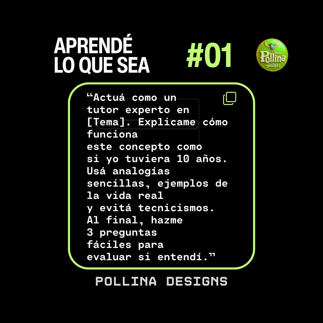 pollina_designs's tweet photo. ¿Te cuesta entender un tema complejo? Desbloqueá el modo "fácil" con la IA. 🧠 ✨A veces los libros o los tutoriales dan mil vueltas y usan palabras difíciles. Este prompt obliga a ChatGPT a convertirse en el mejor tutor del mundo: https://t.co/55HCCcMl6I