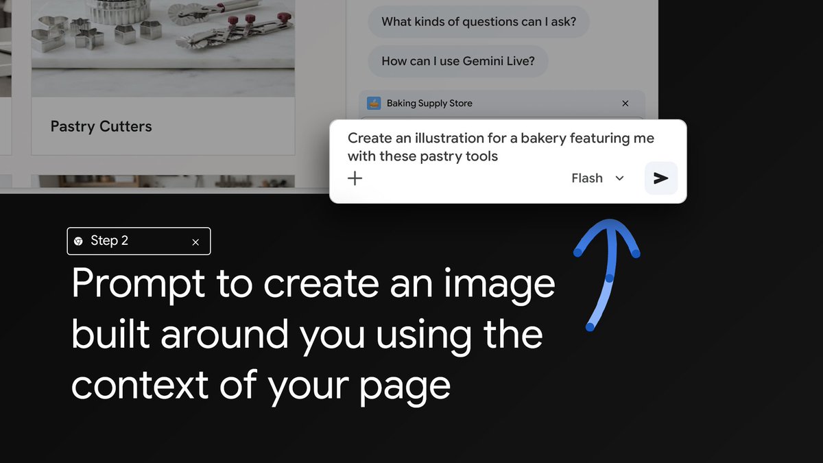 googlechrome's tweet photo. You’re the ⭐ baker. Gemini in Chrome + Personal Intelligence turns you into the ⭐ of the image.

Here’s how to enable:
In Gemini in Chrome select the three dot menu, choose Settings & Help, click Personal Intelligence, and select Connected Apps. You can change the settings anytime. Available to eligible Google AI Plus, Pro and Ultra subscribers in the U.S.