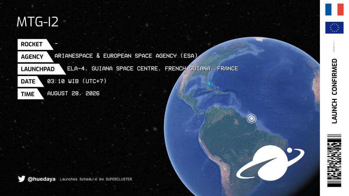 jadwalroket's tweet photo. T-5 menit peluncuran roket - 🚀 milik Arianespace &amp; European Space Agency (ESA), dalam misi MTG-I2 🛰, dari landasan ELA-4, Guiana Space Centre, French Guiana, France 📡. https://t.co/W6unw51N1t