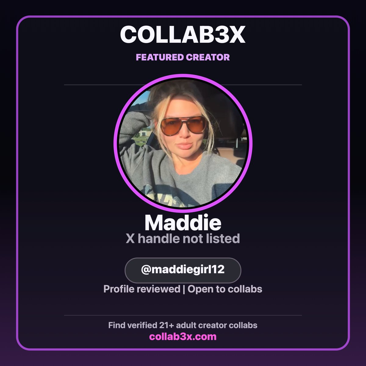 collab3x's tweet photo. Featured creator: Maddie

Verified on Collab3X as maddiegirl12
and open to professional creator collabs.

Find established, verified creators on Collab3X:
https://t.co/ccmtKfxc1d https://t.co/BoUZ8ZNUQx