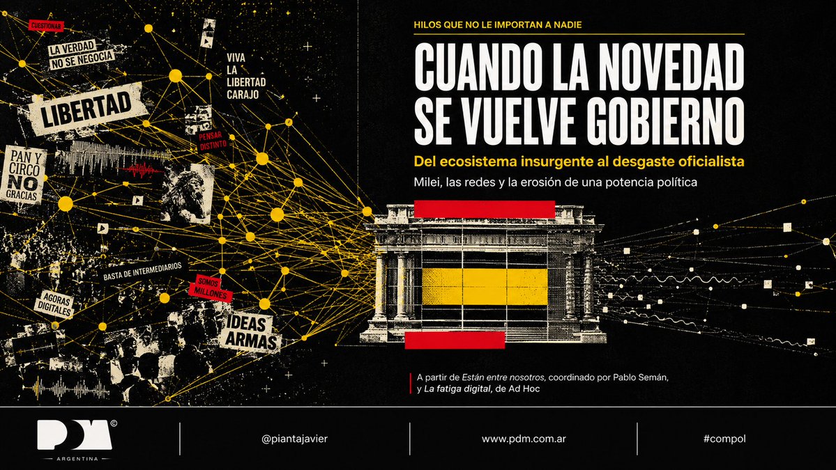 piantajavier's tweet photo. 1/ En 2023, Milei convirtió malestar social en potencia política con una maquinaria híbrida: redes, medios, libros y militancia. En 2026, esa maquinaria parece rendir menos. ¿Se agotó el mileísmo o terminó su fase insurgente? Otro hilo de los que no le importan a nadie. #compol https://t.co/XX0WAHu6GH