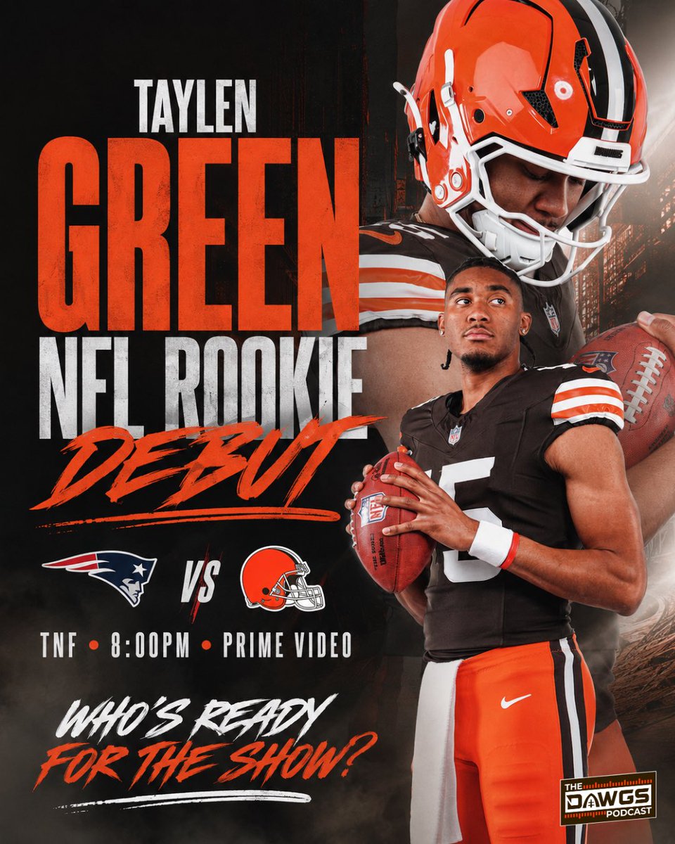 thedawgspodcast's tweet photo. Taylen Green makes his NFL debut tonight! What are YOU hoping to see from the Browns rookie QB in his first pro football action? https://t.co/qHPQib8B9d