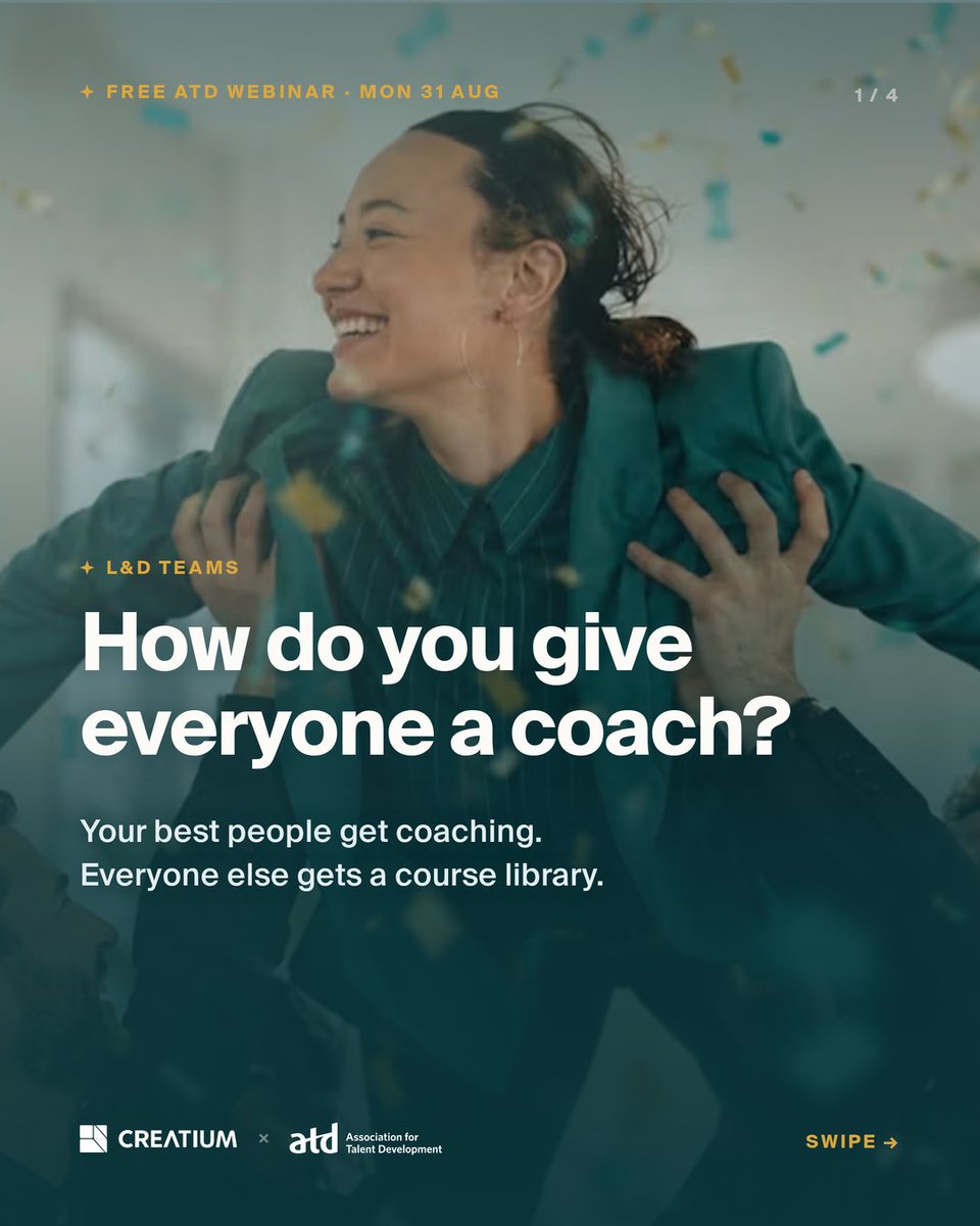 CreatiumAI's tweet photo. Free webinar, Monday August 31, 2:00–2:30 PM ET.

Learn how to build an AI coach that holds a goal, runs the reps, pushes back in character, and remembers what happened last time.

Save your seat @atd: https://t.co/lefabZGHYM https://t.co/wWceTk6omO