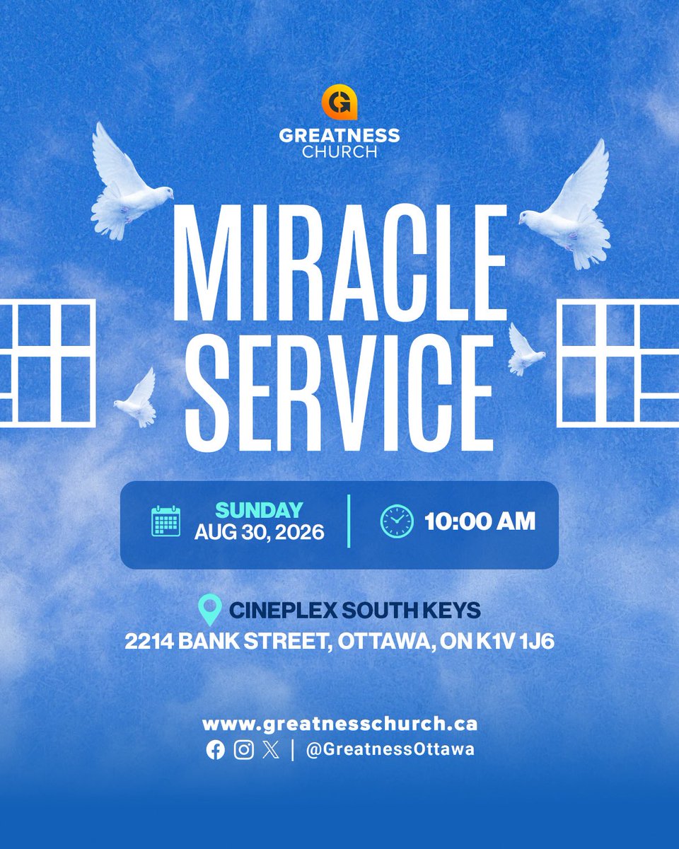 GreatnessOttawa's tweet photo. Are you facing a situation that has overwhelmed you?

What if the answer is a miracle?

Join us this Sunday at 10 AM, we meet inside Cineplex South Keys. https://t.co/6S0NACLiC8
