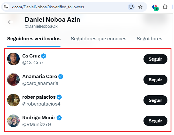 alfredovelazco's tweet photo. Varias decenas de cuentas anómalas hacen follow reciente a @DanielNoboaOk con patrones: recién "verificadas", pocos seguidores y conectados desde otros países https://t.co/ClTCPkCKbu