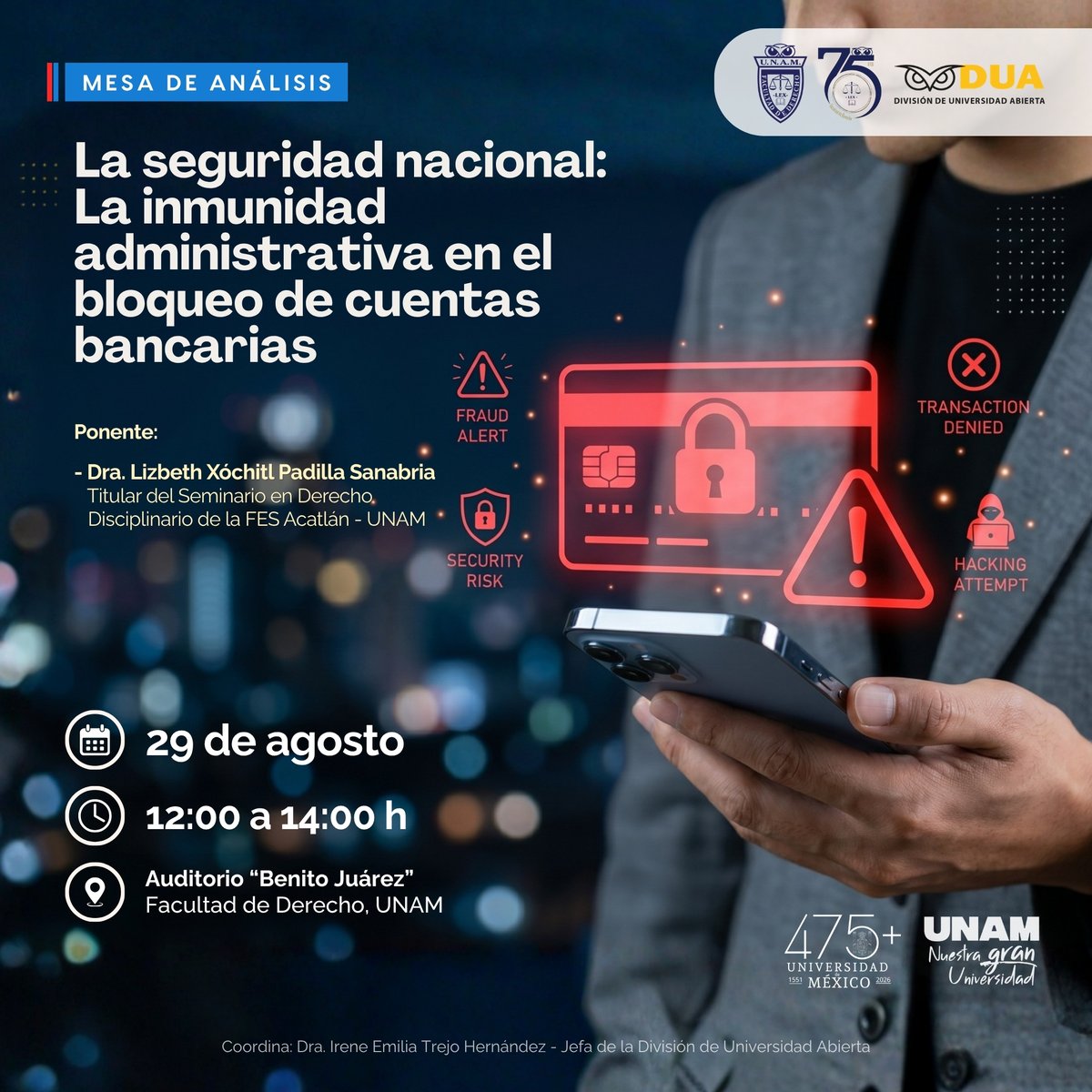 IUSCanalM's tweet photo. ¿Hasta dónde llega la inmunidad administrativa en el bloqueo de cuentas bancarias? 👀⚖️

La División de Universidad Abierta te invita a una Mesa de Análisis para abordar este tema desde la perspectiva jurídica.

👇 Detalles en el flyer.

#SeguridadNacional #Derecho #UNAM #IUS https://t.co/Jy0o3aDb8l