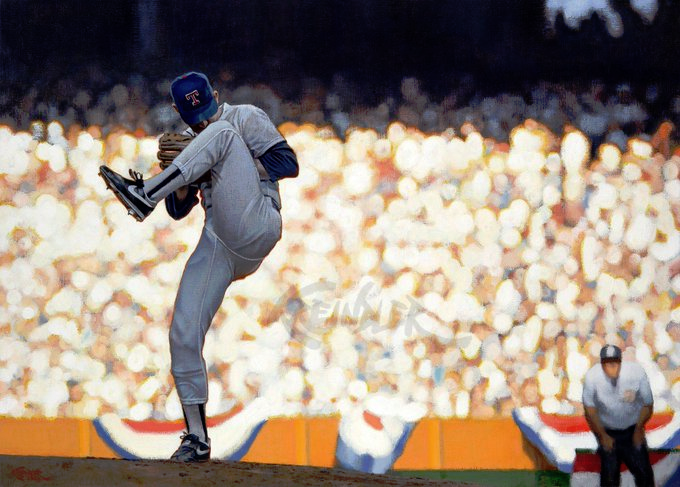Jimfrombaseball's tweet photo. "In my opinion, the greatest game ever pitched was between the San Francisco Giants and Milwaukee Braves on July 2, 1963.
Forty-two-year-old Warren Spahn and 25-year-old Juan Marichal each went 16 innings and the game ended 1-0 on a home run by Willie Mays.
Each pitcher threw over 200 pitches.
Spahn threw 201 and Marichal 227.
There were seven future Hall of Fame players in that game, including Spahn and Marichal.
We will never see that again because the game won’t allow it.
But both guys were prepared to go as long as it took.
And this game was not a fluke, both pitchers won 20 games that season.
For Spahn, it was his 13th 20-win season and for Marichal, it was his first of 6.
My highest pitch count was 232 in a game against the Red Sox in 1974.
I pitched 12 innings, struck out 19, walked 10, and had a no decision.
My counter-part, Luis Tiant threw 180 pitches in 14 1/3 innings and took the loss 4-3.
We were on a 4-man rotation and pitched on 3 day’s rest.
I had 26 complete games in 1973 and 1974 and didn’t even lead the league.
Gaylord Perry had 29 in 1973 and Ferguson Jenkins had 29 in 1974."
Nolan Ryan.
Art by Graig Kreindler.