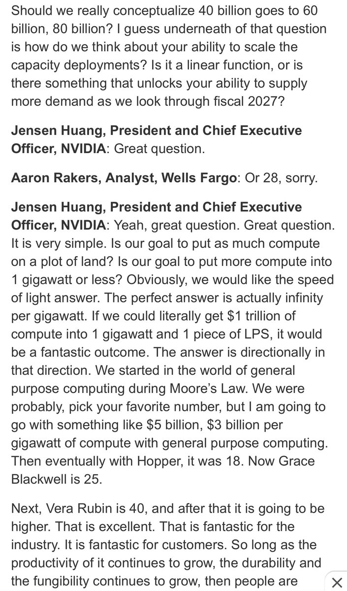 robinLongsAI's tweet photo. Jensen wants to put as much compute as possible on a plot of land. $NVDA

Jensen said;

"Is our goal to put as much compute on a plot of land? Is our goal to put more compute into 1 gigawatt or less? Obviously, we would like the speed-of-light answer. The perfect answer is actually infinity per gigawatt. If we could literally get $1 trillion of compute into 1 gigawatt and 1 piece of LPS."

Guess how it will be possible?

Only with major developments in memory and good progress in optics. $LITE $AAOI $MRVL

The whole scale-up has been possible only because memory capacity went from 8GB to 16GB to 32GB to 64GB to 128GB to 256GB to 512GB and so on.

If memory makers could provide 8TB or 16TB of HBM, NVDA would have paid any amount to buy it.

The only and most important bottleneck is memory.

I remember using an Android phone with 128MB of RAM. In the last decade we have progressed to 12–16–24GB of RAM.

That has been the single most important factor making electronic devices as fast as they are today.

$NVDA is compromising  it's high-70s margins down to the low 70s just to keep up with memory.

In the past Jensen said any bottleneck doesn't last more than 3 years, but yesterday he said he underestimated memory demand and it will go higher in price next year and so on.

Memory still being traded as a cyclical industry just blows my mind.

$NVDA $MU $SKHY $DRAM $SNDK