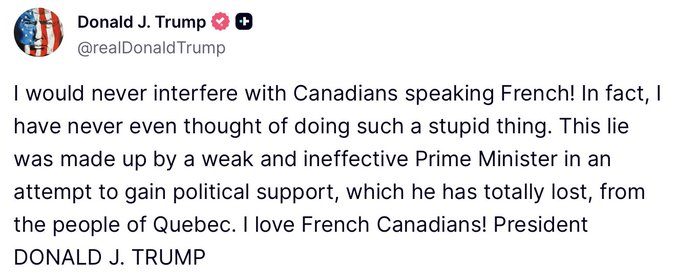 YourAnonCentral's tweet photo. Trump has folded under Canadian pressure and is now lying through his pedo lips, claiming that he'd "never interfere" with Canadian's speaking French. 

This guy is terrified of Quebec, which is why he tried to take their French away in the first place. https://t.co/7HkCBry7xK