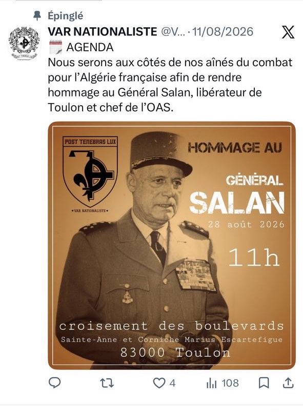 Portes_Thomas's tweet photo. Des militants d’extrême droite organisent vendredi à Toulon un hommage au général Salan, chef de l’OAS, putschiste, tortionnaire et responsable d’une organisation terroriste qui a multiplié les attentats pour empêcher l’indépendance de l’Algérie.

Pas d’hommage aux nostalgiques de l’Algérie française. La République ne doit pas réhabiliter ceux qui ont pris les armes contre elle.

Monsieur le @Prefet83 vous devez interdire ce rassemblement qui fait honte à la République.