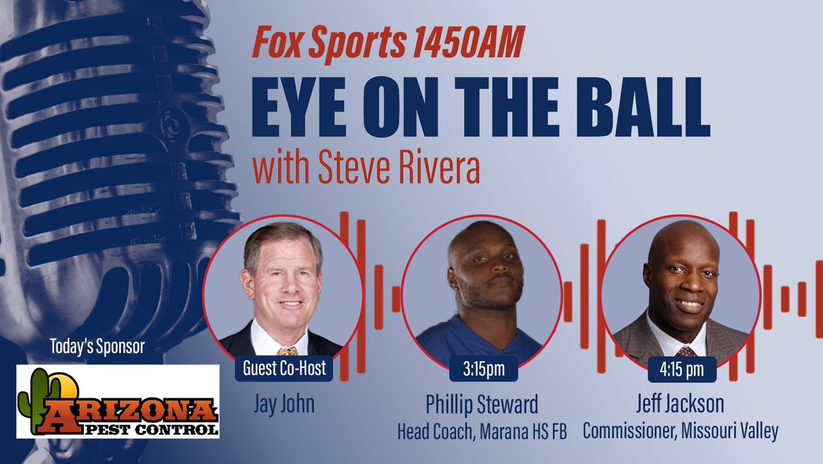 EyeTucson's tweet photo. Today with @steverivera95 &amp; Jay John
3:17 – Phillip Steward, Head Coach, @MaranaFB  

4:17 – Jeff Jackson, Commissioner of @MVCsports

🕰3 p.m.-5 p.m.
📞(520) 416-7440
🎙️https://t.co/F7bu2KUKaQ
📱@iHeartRadio @ApplePodcasts @Spotify https://t.co/BAtxdOsPMG