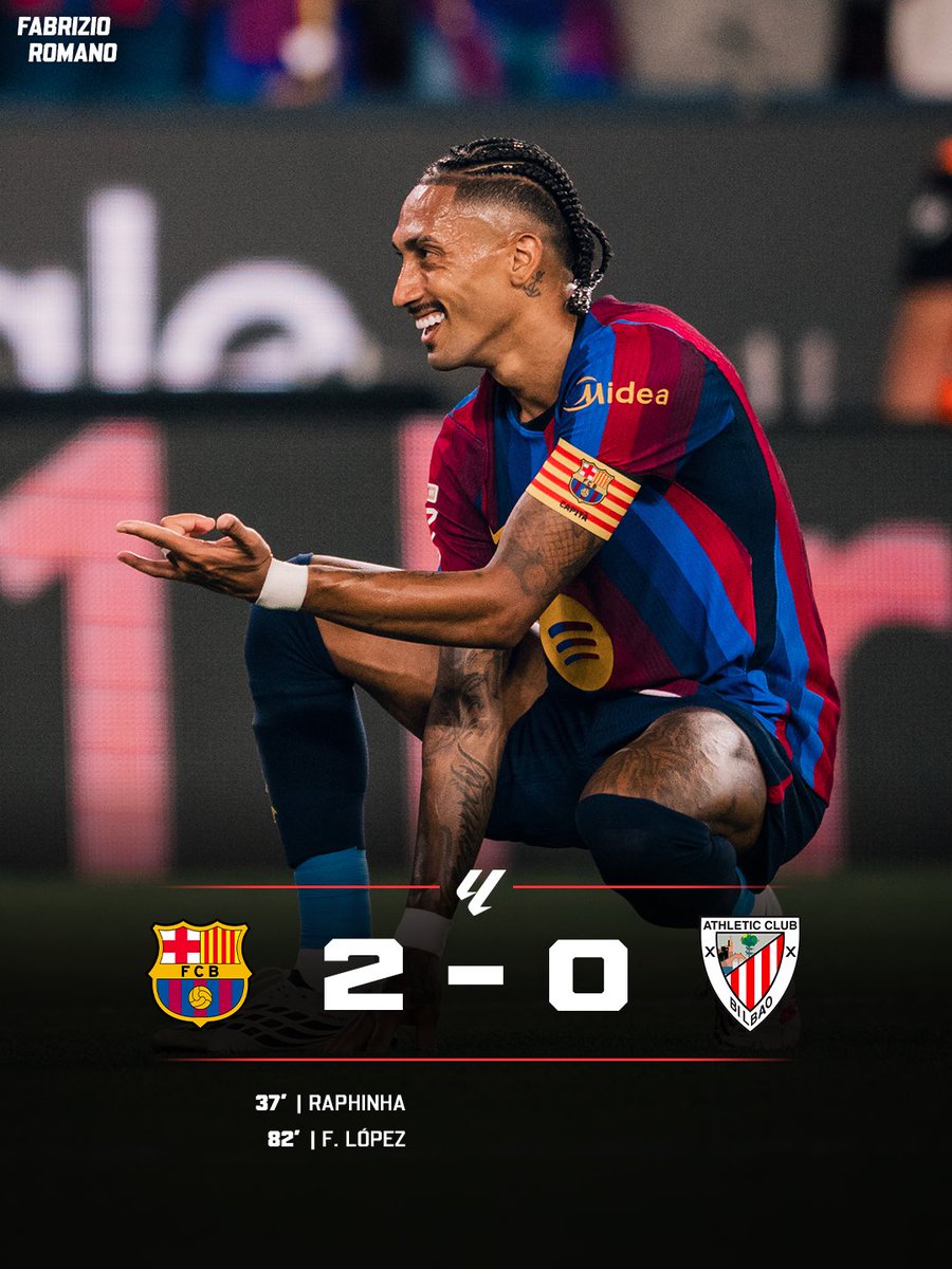 FabrizioRomano's tweet photo. 🔵🔴 Barcelona win against Athletic Club with Raphinha and Fermín already at 3 goals in 2 games!

Rodri made his debut at the Spotify Camp Nou.

Who’s been your Man of the Match? https://t.co/mjklDAWzAN