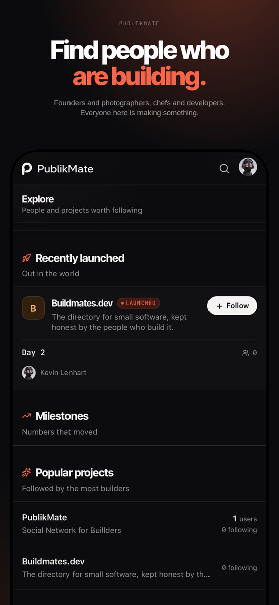 itskevinlnh's tweet photo. Meet PublikMate.

A new social network for people who build, create and share what they’re working on.

Build in public.
Grow in public.

Your work. Your journey. Your people.

Now live https://t.co/KvlYHqeUdH https://t.co/Y3Hsm8um9l