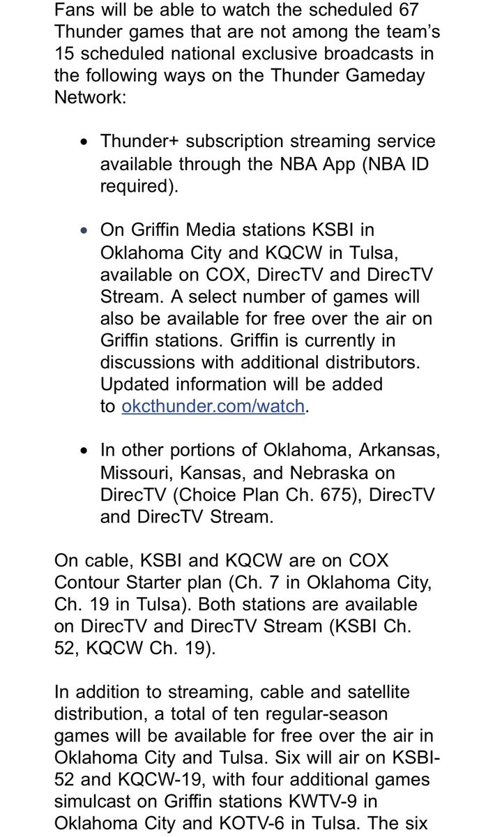 CAlmanza1007's tweet photo. Thunder PR:

The Thunder have announced their 2026-27 broadcast plans. Their partnership with Griffin Media will expand to include all 67 local regular season games 

They will also launch ‘Thunder Plus’ through the NBA app. It’s another way to stream

Full information below: https://t.co/JhbPAFkF13