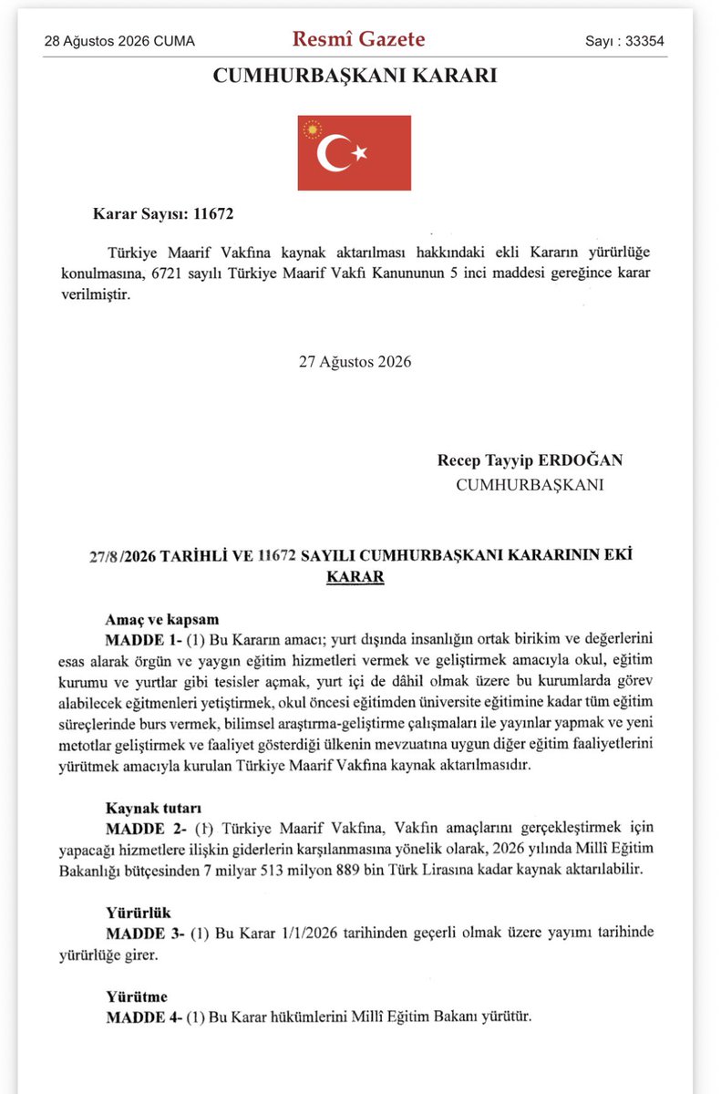 ozbozdogan's tweet photo. Türkiye Maarif Vakfına MEB bütçesinden 7 milyar 513 milyon 889 bin TL aktarılmasına dair karar Resmi Gazetede yayımlandı. Okulların temel ihtiyaçlarının karşılanamadığı, öğrencilere bir öğün okul yemeği ve su verilemediği, kaynak olmadığı için yeterli sayıda öğretmen atamasının yapılmadığı bir dönemde MEB bütçesinden Maarif Vakfına kaynak aktarılması kabul edilemez. MEB’in tercihi öğrencilerin kamusal eğitim hakkından yana olmalıydı.
