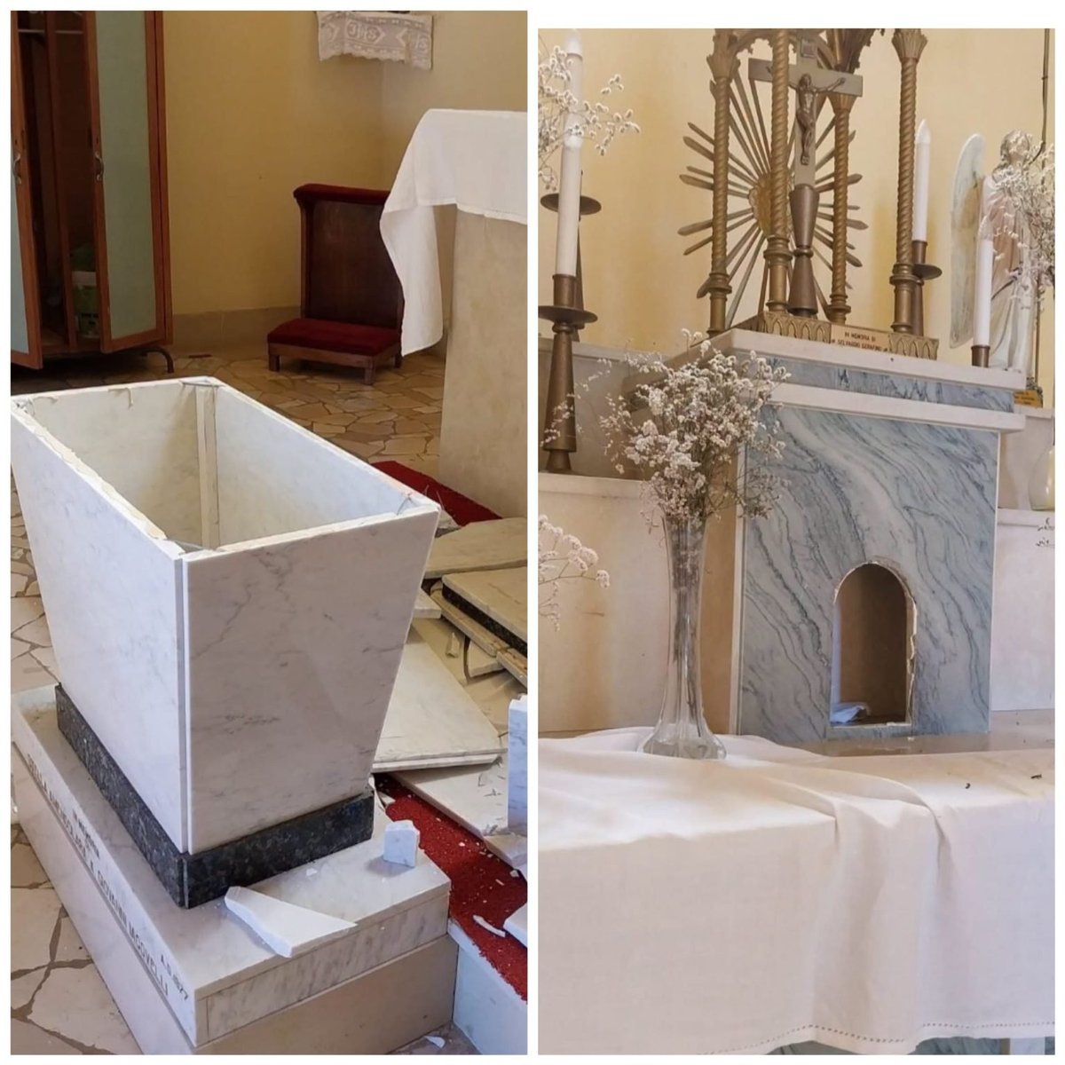 SiateSanti's tweet photo. Profanata la cappella del cimitero di Santo Spirito - #Bari: distrutti altare e tabernacolo, rubate le ostie consacrate. Danneggiata anche la statua della Madonna e sottratti i paramenti sacri.

La profanazione è avvenuta pochi giorni prima della festa patronale in onore di Maria Immacolata.

Chiediamo riparazione e conversione.

Ave Maria,
Gratia plena,
Dominus tecum.
Benedicta tu in mulieribus,
et benedictus fructus ventris tui,
Iesus.

Sancta Maria, Mater Dei,
ora pro nobis peccatoribus,
nunc, et in hora mortis nostrae.

Amen.

Sancte Michael Archangele,
defende nos in proelio,
contra nequitiam et insidias diaboli
esto praesidium.

Imperet illi Deus,
supplices deprecamur:
tuque, Princeps militiae caelestis, Satanam aliosque spiritus malignos,
qui ad perditionem animarum
pervagantur in mundo, divina virtute,
in infernum detrude.

Amen.

https://t.co/KCs4aqMCjx
