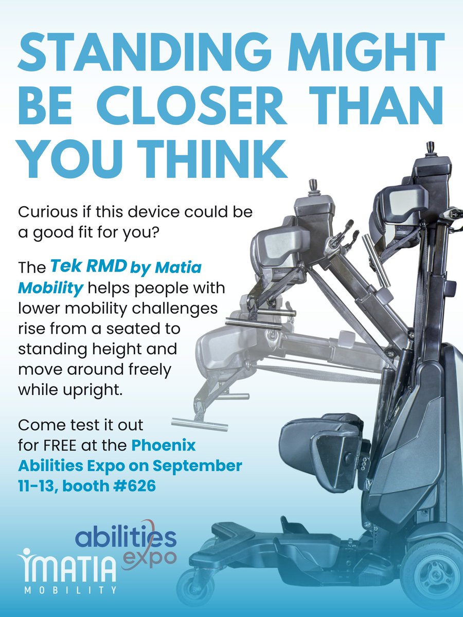 matiamobility's tweet photo. We're excited to be bringing the Tek RMD to the Phoenix @AbilitiesExpo  on September 11-13!

If you've been curious about the device, this is a great chance to see it in person and take it for a test drive. Visit us at Booth 626 and ask any questions you have! https://t.co/SUZ4JQmFwQ