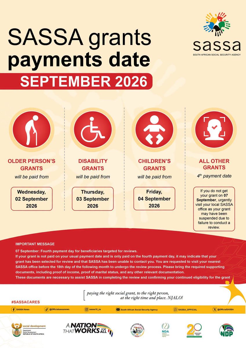 DSDMpu's tweet photo. Social grant payment dates for September 2026

✅ Older Persons- 02 September 2026
✅ Disability Grants- 03 September 2026
✅ Children's Grants – 04 September 2026

*IMPORTANT MESSAGE:*
Payments for some beneficiaries who have been targeted for review will be on 07 September 2026 https://t.co/gwbc8SZBeG